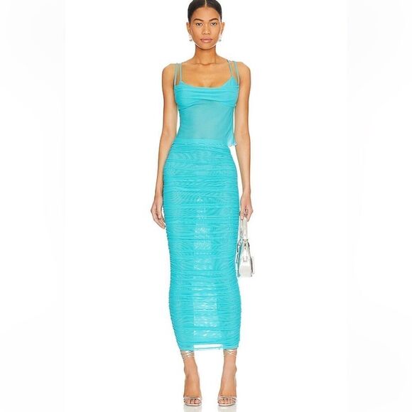 NWT Lovers and Friends Marine Maxi Skirt Bright Blue mesh midi ruched Revolve S - Picture 4 of 10